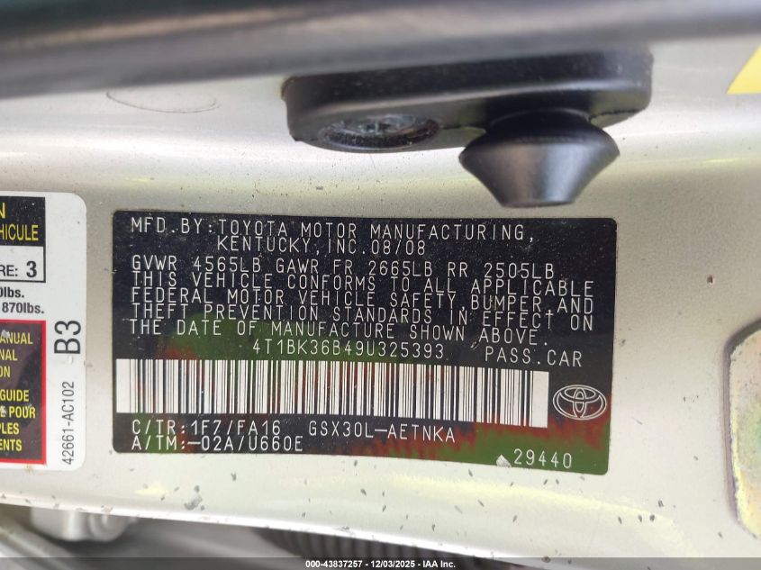 2009 Toyota Avalon Xl VIN: 4T1BK36B49U325393 Lot: 43837257