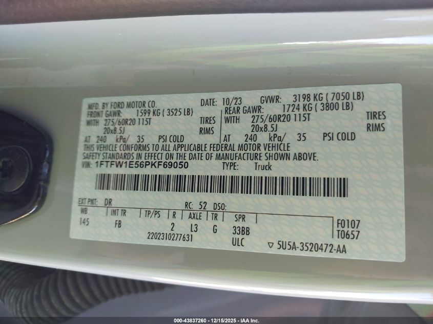 2023 Ford F-150 Xlt VIN: 1FTFW1E56PKF69050 Lot: 43837260