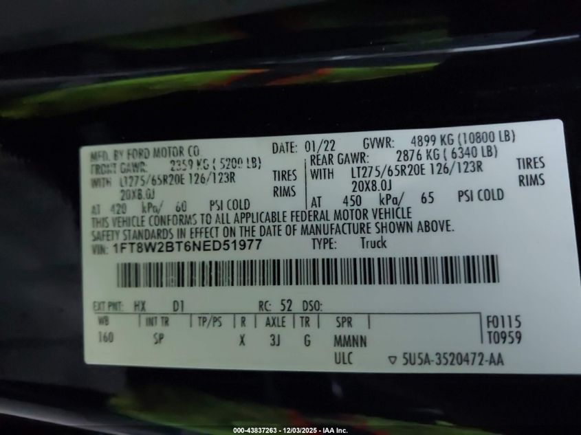2022 Ford F-250 King Ranch VIN: 1FT8W2BT6NED51977 Lot: 43837263
