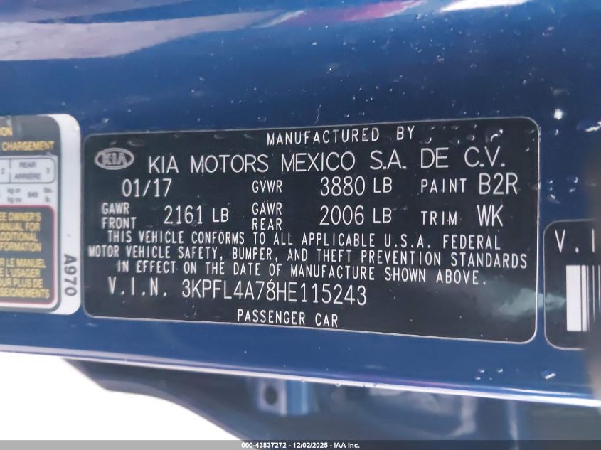 2017 Kia Forte S VIN: 3KPFL4A78HE115243 Lot: 43837272