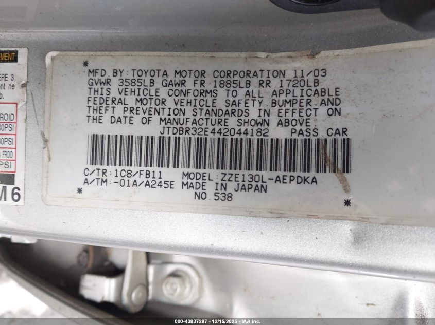 2004 Toyota Corolla Ce VIN: JTDBR32E442044182 Lot: 43837287