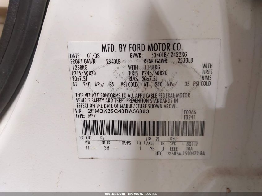 2008 Ford Edge Limited VIN: 2FMDK39C48BA56863 Lot: 43837288