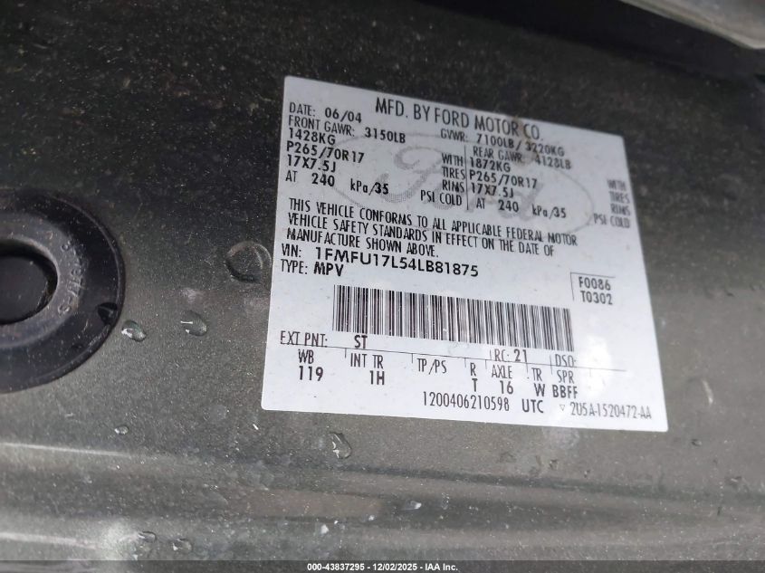 2004 Ford Expedition Eddie Bauer VIN: 1FMFU17L54LB81875 Lot: 43837295