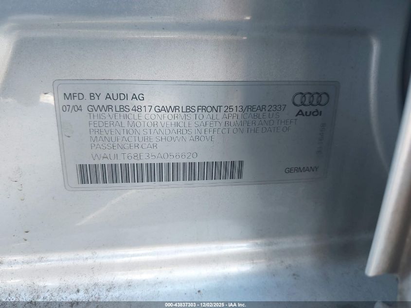 2005 Audi A4 3.0/3.0 Special Edition VIN: WAULT68E35A056620 Lot: 43837303