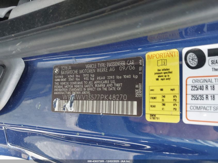 2007 BMW 328I VIN: WBAWV13577PK48270 Lot: 43837309
