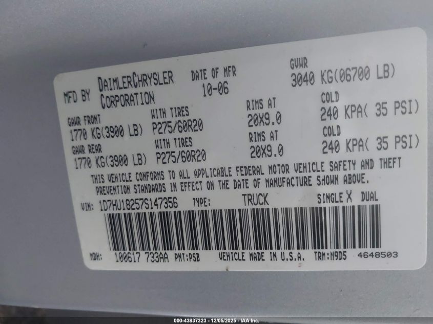 2007 Dodge Ram 1500 Slt/Trx4 Off Road/Sport VIN: 1D7HU18257S147356 Lot: 43837323