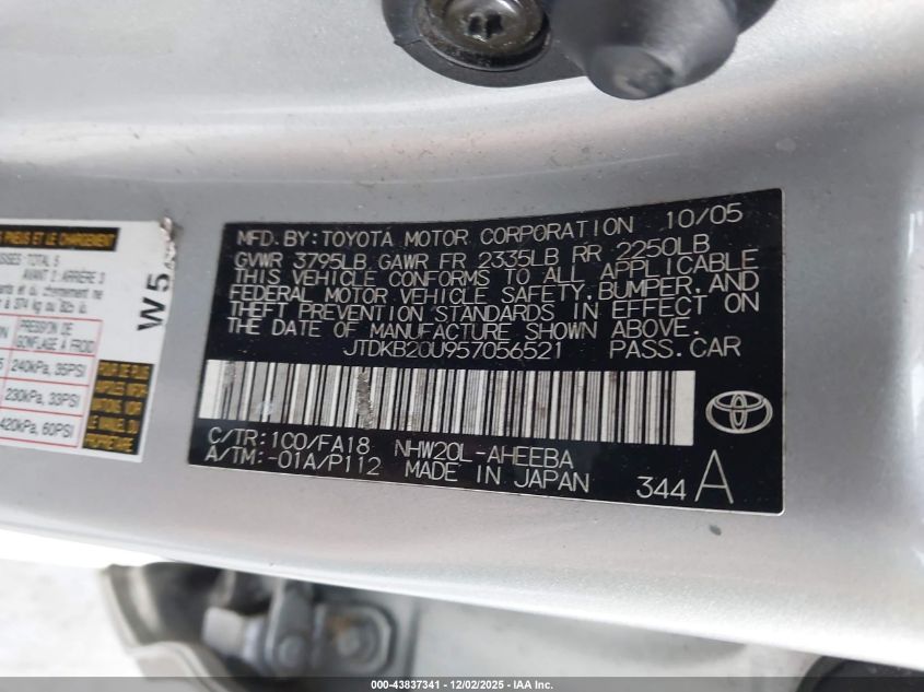 2005 Toyota Prius VIN: JTDKB20U957056521 Lot: 43837341