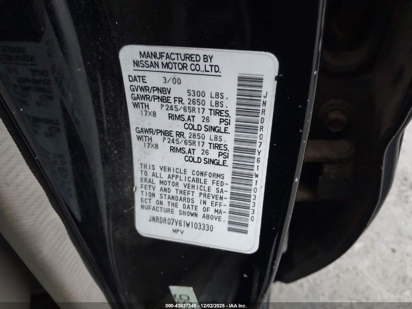 2001 Infiniti Qx4 Luxury VIN: JNRDR07Y61W103330 Lot: 43837345