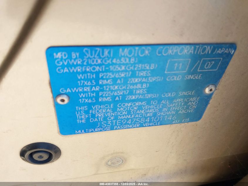 2008 Suzuki Grand Vitara Luxury VIN: JS3TE947584101146 Lot: 43837355