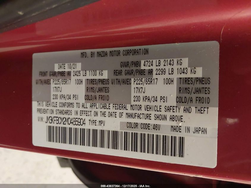 2021 Mazda Cx-5 Touring VIN: JM3KFBCM2M0485904 Lot: 43837364