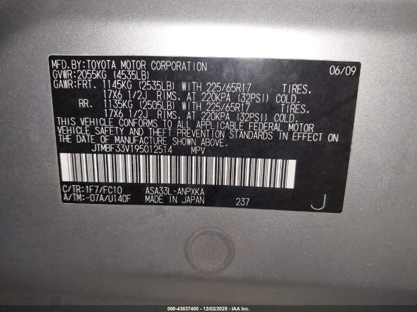 2009 Toyota Rav4 VIN: JTMBF33V195012514 Lot: 43837400