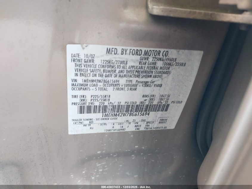 2008 Mercury Sable Premier VIN: 1MEHM42W78G615694 Lot: 43837433