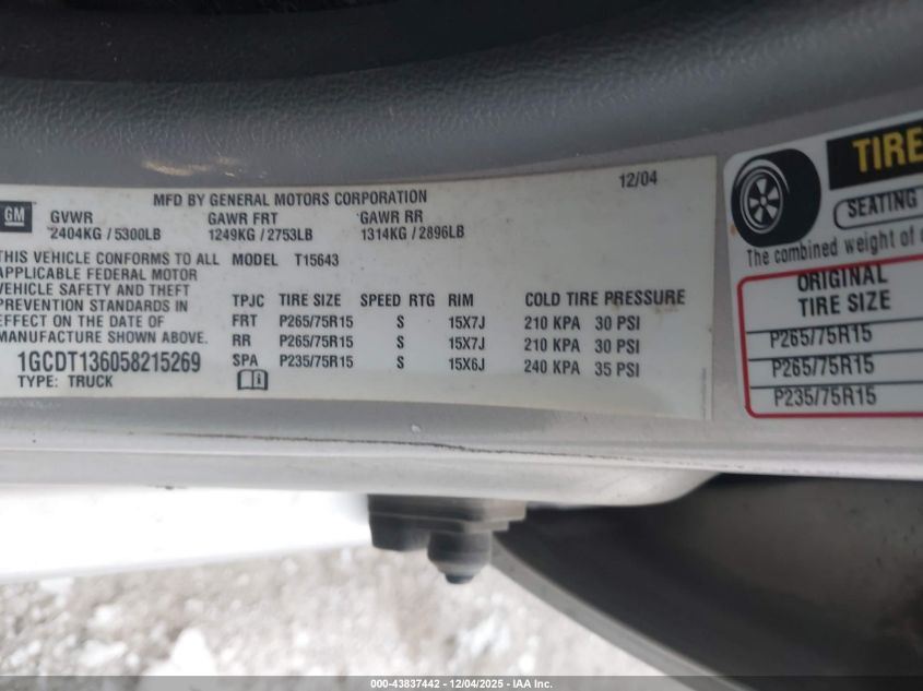 2005 Chevrolet Colorado Ls VIN: 1GCDT136058215269 Lot: 43837442