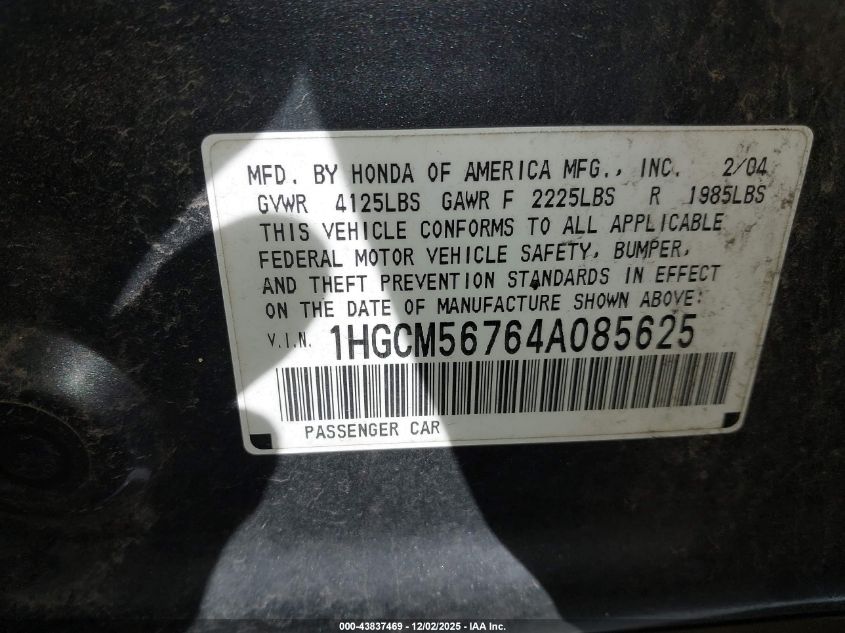 2004 Honda Accord 2.4 Ex VIN: 1HGCM56764A085625 Lot: 43837469