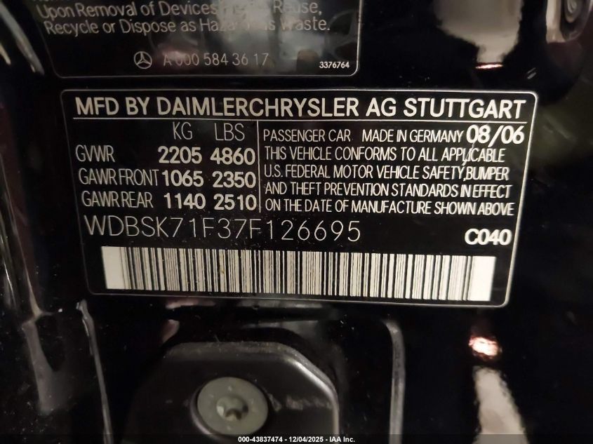 2007 Mercedes-Benz Sl 550 VIN: WDBSK71F37F126695 Lot: 43837474