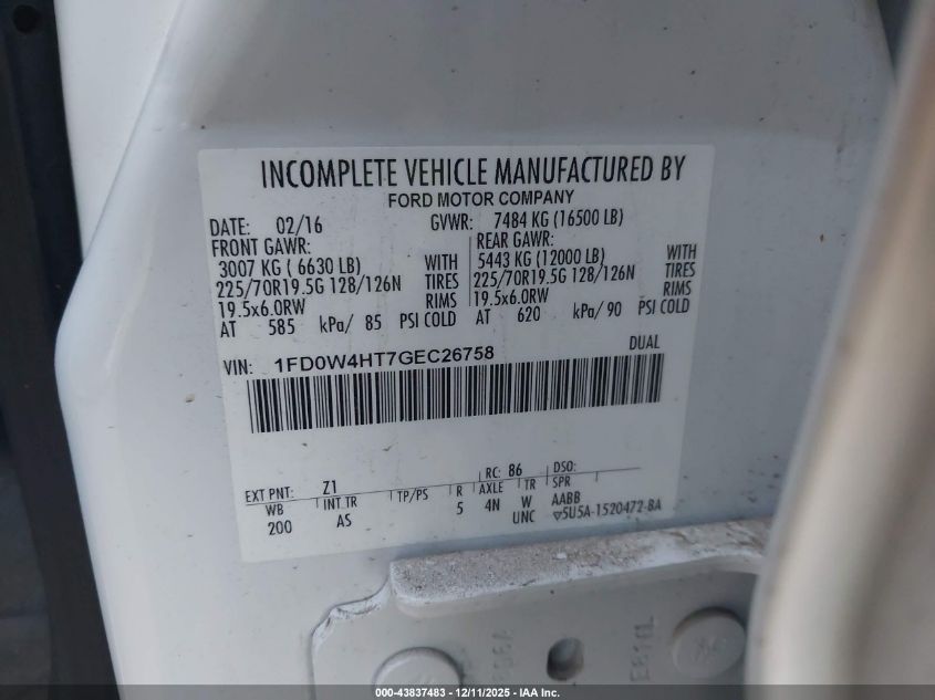 2016 Ford F-450 Chassis Xl VIN: 1FD0W4HT7GEC26758 Lot: 43837483