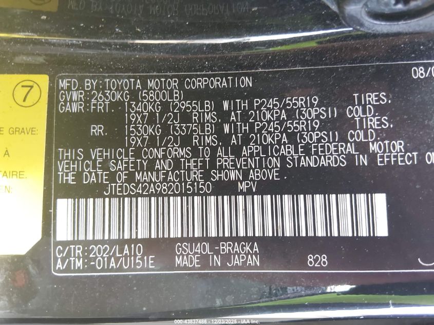 2008 Toyota Highlander Limited VIN: JTEDS42A982015150 Lot: 43837486