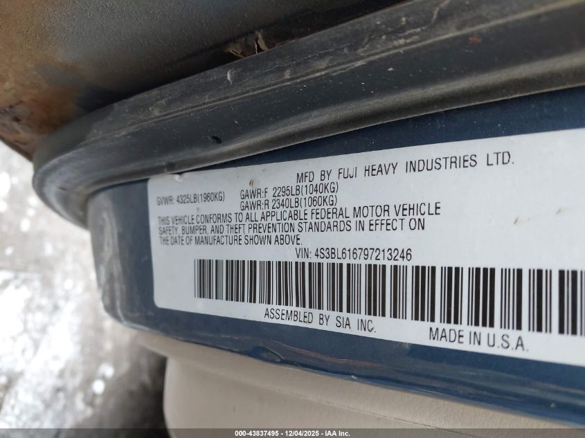 2009 Subaru Legacy 2.5I VIN: 4S3BL616797213246 Lot: 43837495