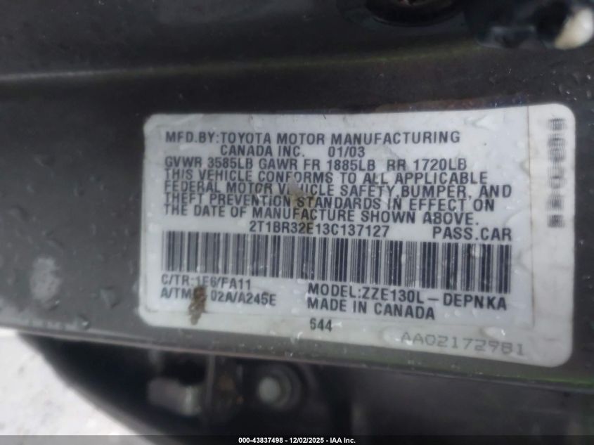 2003 Toyota Corolla Le VIN: 2T1BR32E13C137127 Lot: 43837498