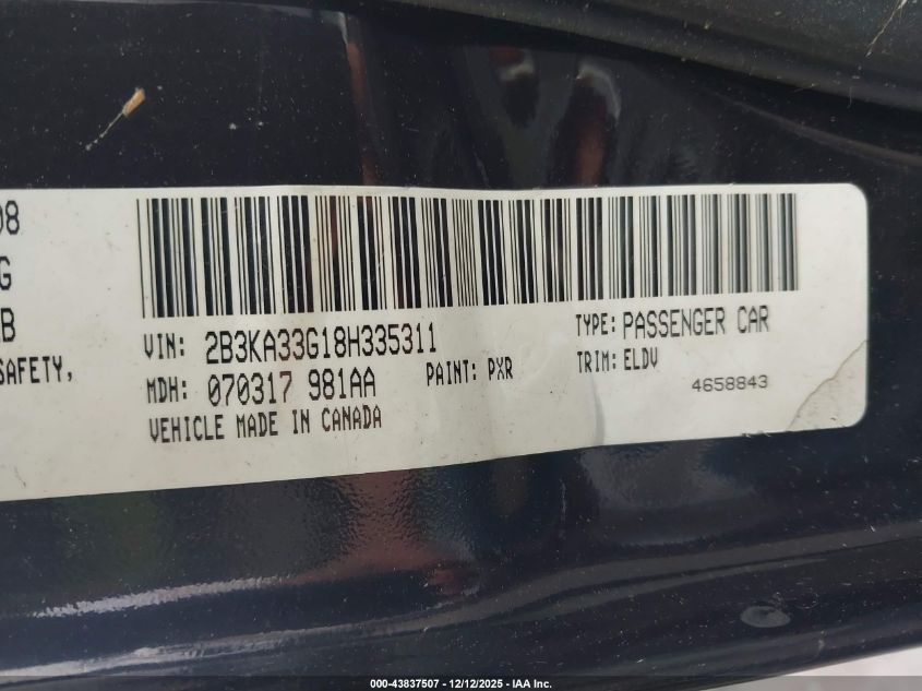 2008 Dodge Charger Sxt VIN: 2B3KA33G18H335311 Lot: 43837507