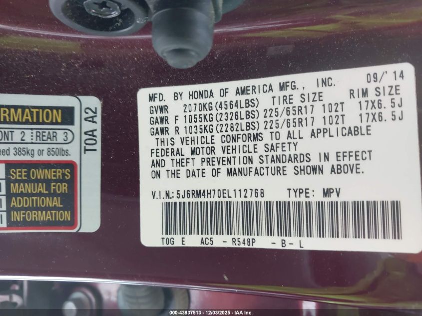2014 Honda Cr-V Ex-L VIN: 5J6RM4H70EL112768 Lot: 43837513