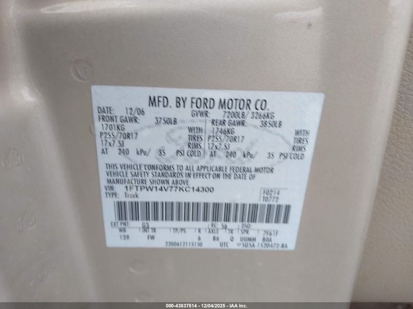 2007 Ford F-150 Fx4/Lariat/Xlt VIN: 1FTPW14V77KC14300 Lot: 43837514