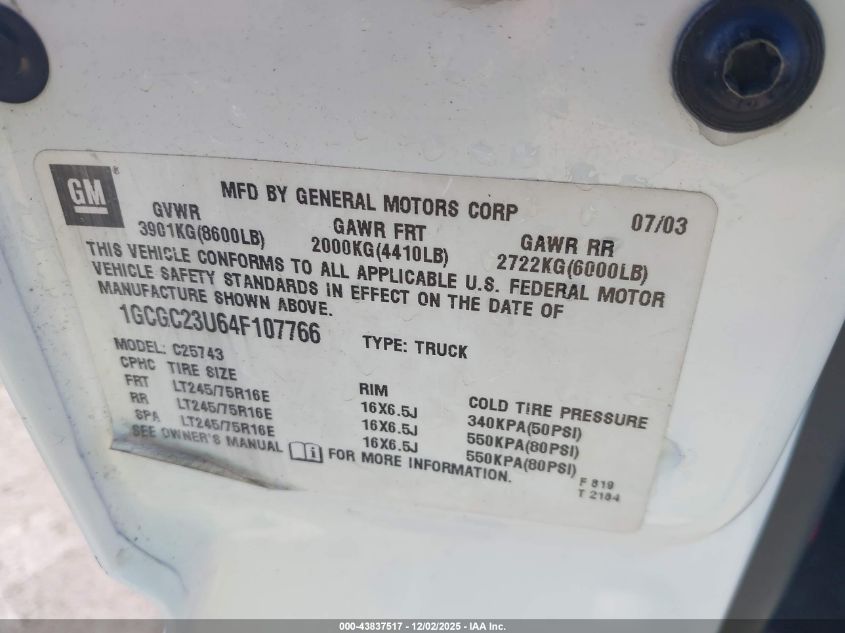 2004 Chevrolet Silverado 2500 Ls VIN: 1GCGC23U64F107766 Lot: 43837517