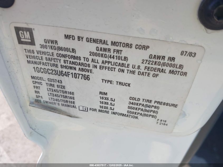 2004 Chevrolet Silverado 2500 Ls VIN: 1GCGC23U64F107766 Lot: 43837517