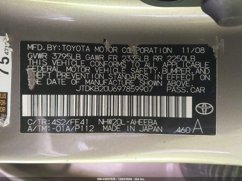 2009 Toyota Prius VIN: JTDKB20U697859907 Lot: 43837535