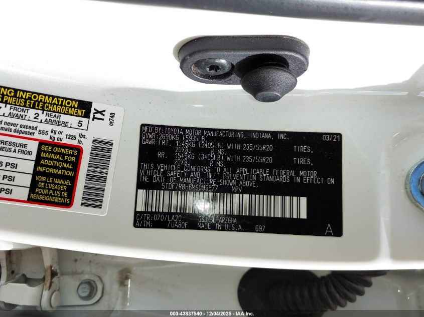 2021 Toyota Highlander L VIN: 5TDFVRBH6MF099577 Lot: 43837540