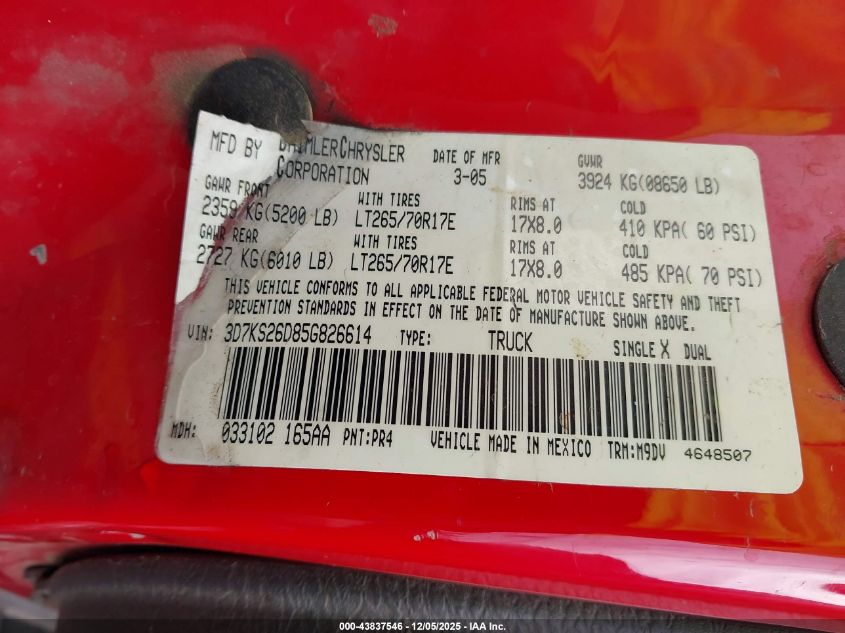 2005 Dodge Ram 2500 Slt/Laramie VIN: 3D7KS26D85G826614 Lot: 43837546