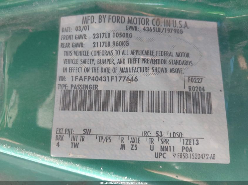 2001 Ford Mustang VIN: 1FAFP40431F177646 Lot: 43837547