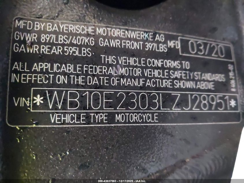 2020 BMW S 1000 Rr VIN: WB10E2303LZJ28951 Lot: 43837563
