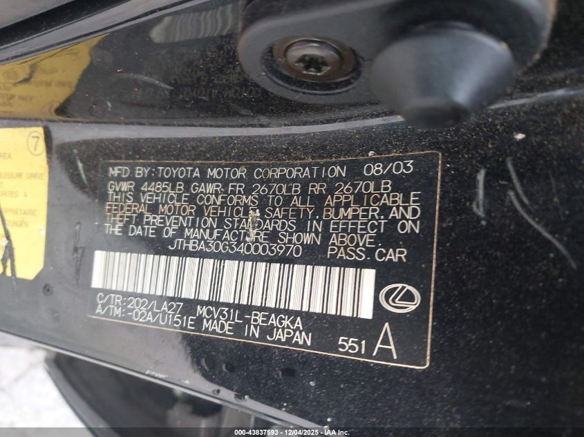 2004 Lexus Es 330 VIN: JTHBA30G340003970 Lot: 43837593