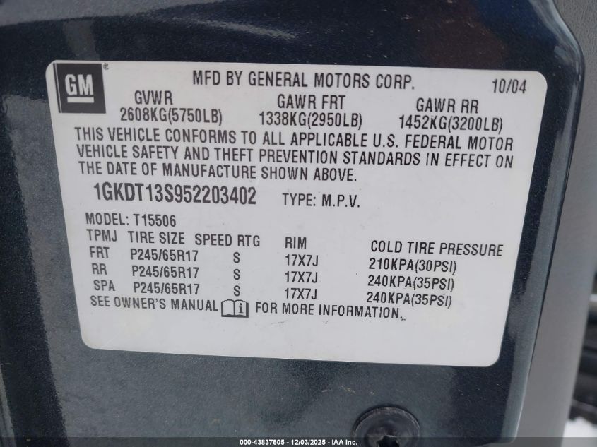 2005 GMC Envoy Slt VIN: 1GKDT13S952203402 Lot: 43837605