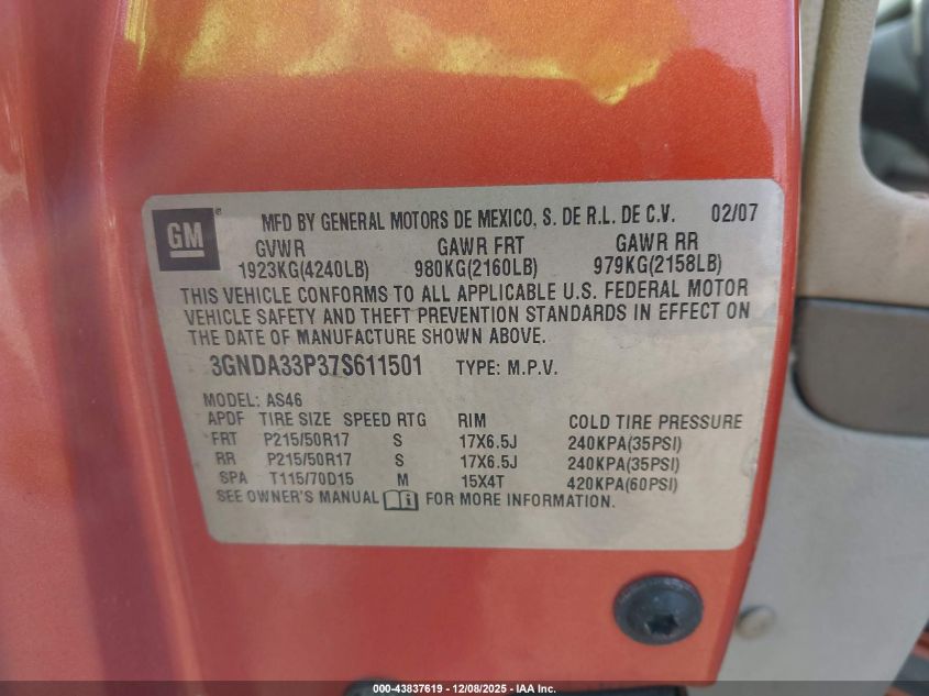 2007 Chevrolet Hhr Lt VIN: 3GNDA33P37S611501 Lot: 43837619