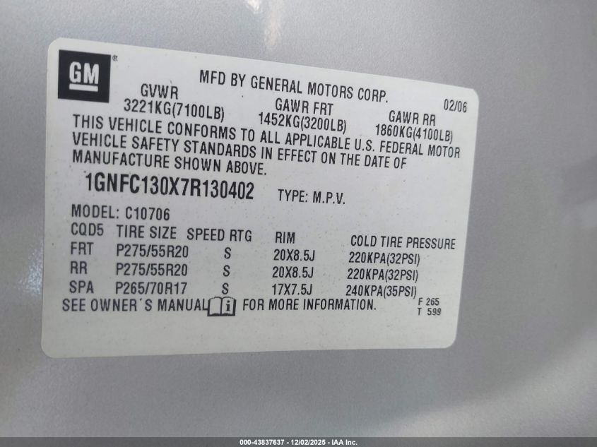 2007 Chevrolet Tahoe Ltz VIN: 1GNFC130X7R130402 Lot: 43837637