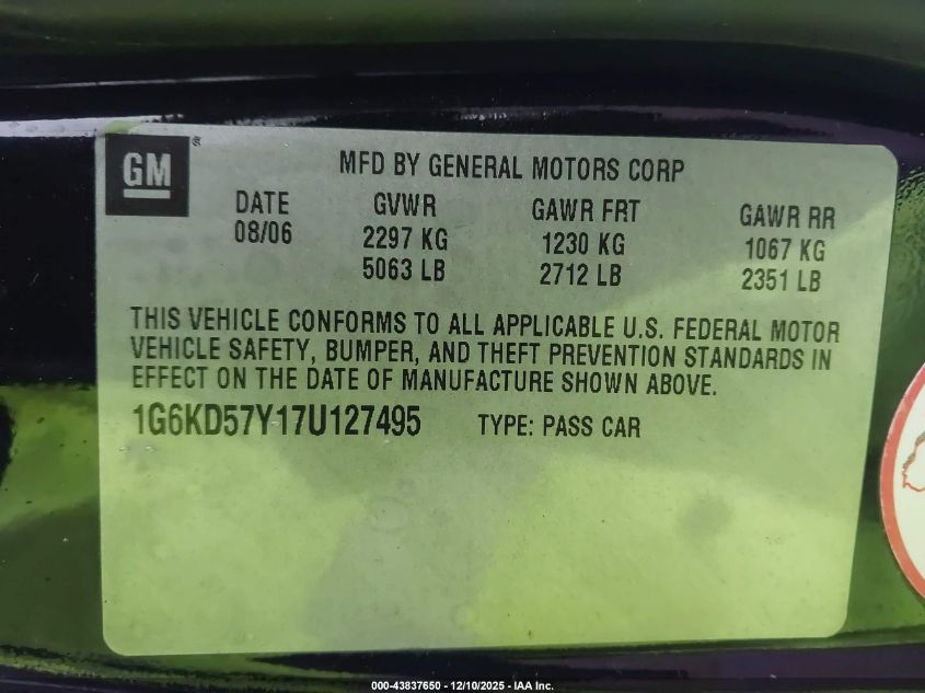 2007 Cadillac Dts Luxury I VIN: 1G6KD57Y17U127495 Lot: 43837650