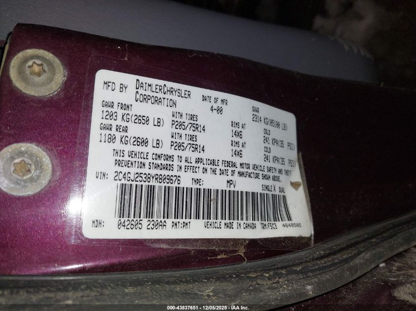 2000 Chrysler Voyager VIN: 2C4GJ2538YR809676 Lot: 43837651