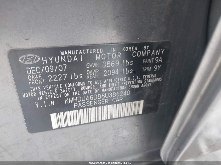 2008 Hyundai Elantra Gls/Se VIN: KMHDU46D88U386240 Lot: 43837658