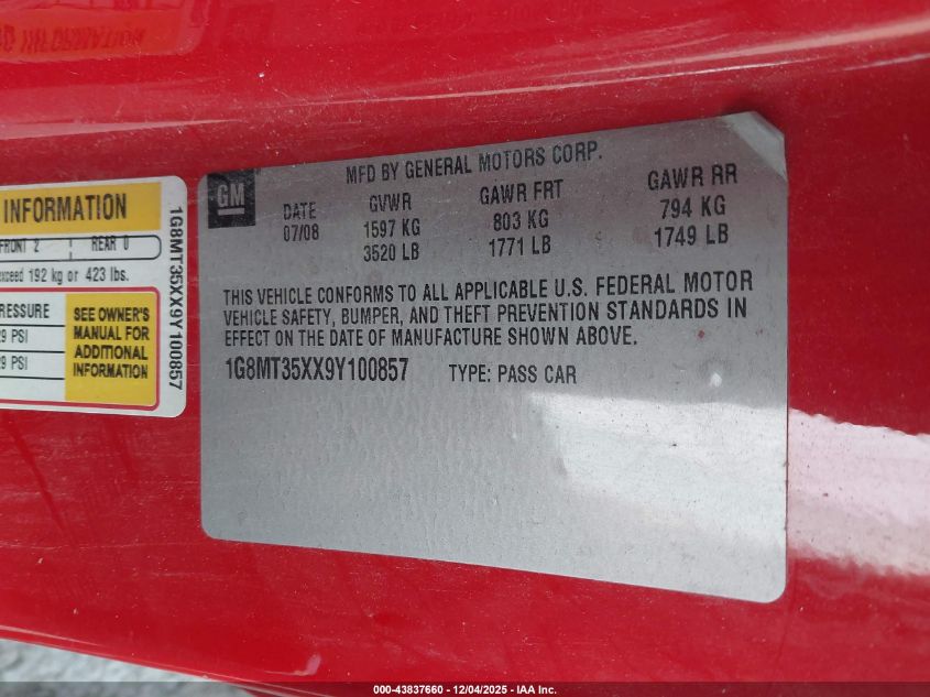 2009 Saturn Sky Red Line VIN: 1G8MT35XX9Y100857 Lot: 43837660