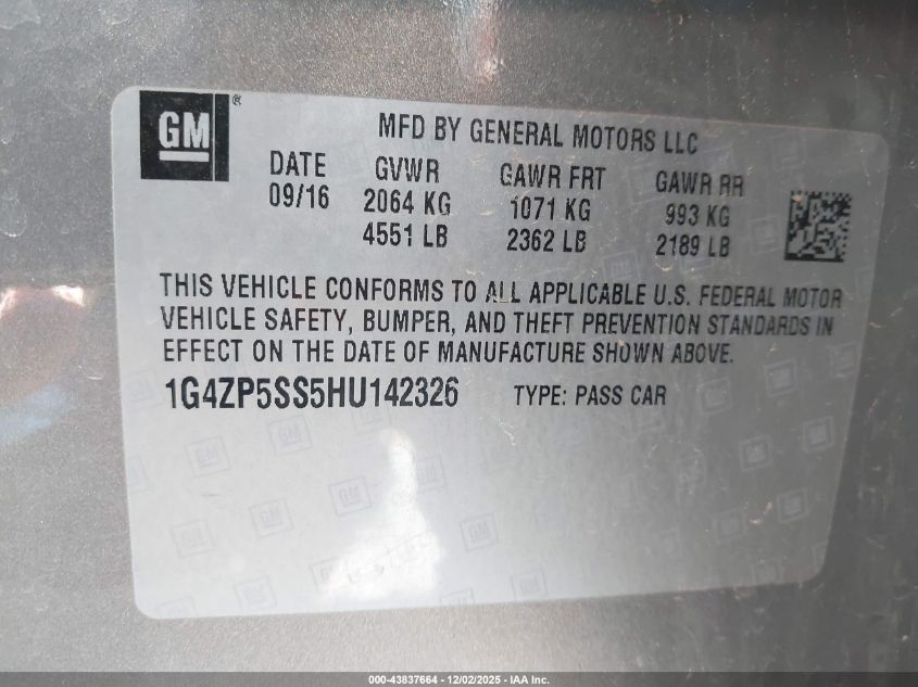 2017 Buick Lacrosse Essence VIN: 1G4ZP5SS5HU142326 Lot: 43837664