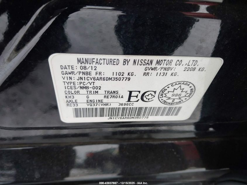 2013 Infiniti G37X VIN: JN1CV6AR6DM350779 Lot: 43837667