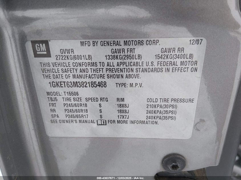 2008 GMC Envoy Denali VIN: 1GKET63M382185468 Lot: 43837671