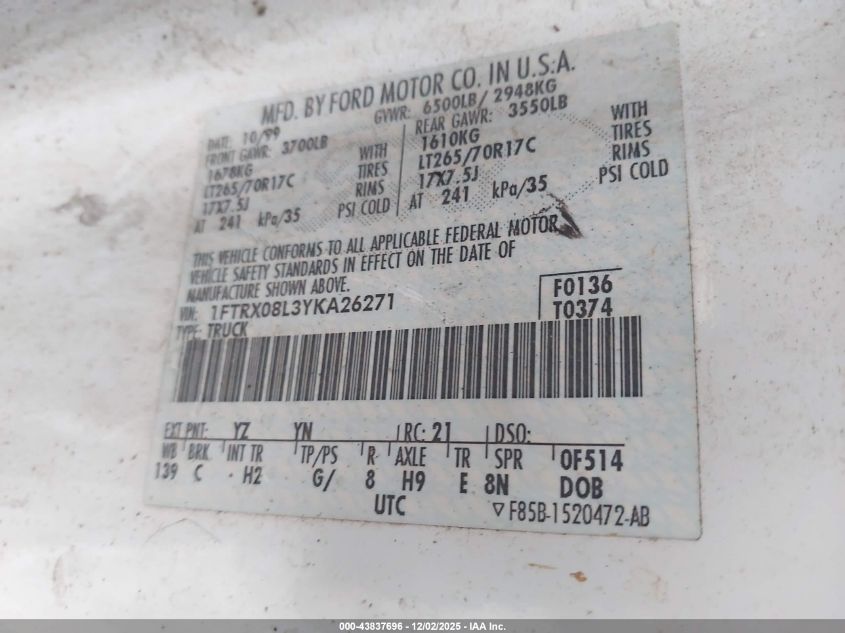 2000 Ford F-150 Lariat/Xl/Xlt VIN: 1FTRX08L3YKA26271 Lot: 43837696