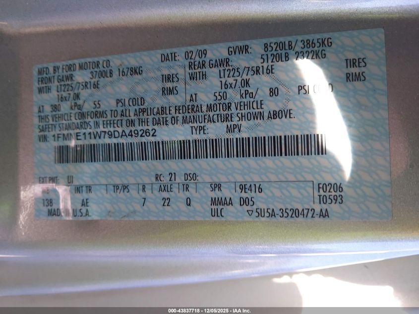 2009 Ford E-150 Xl VIN: 1FMNE11W79DA49262 Lot: 43837718