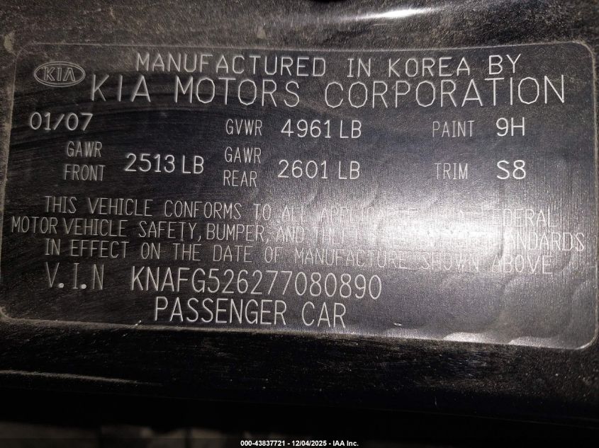 2007 Kia Rondo Lx V6 VIN: KNAFG526277080890 Lot: 43837721