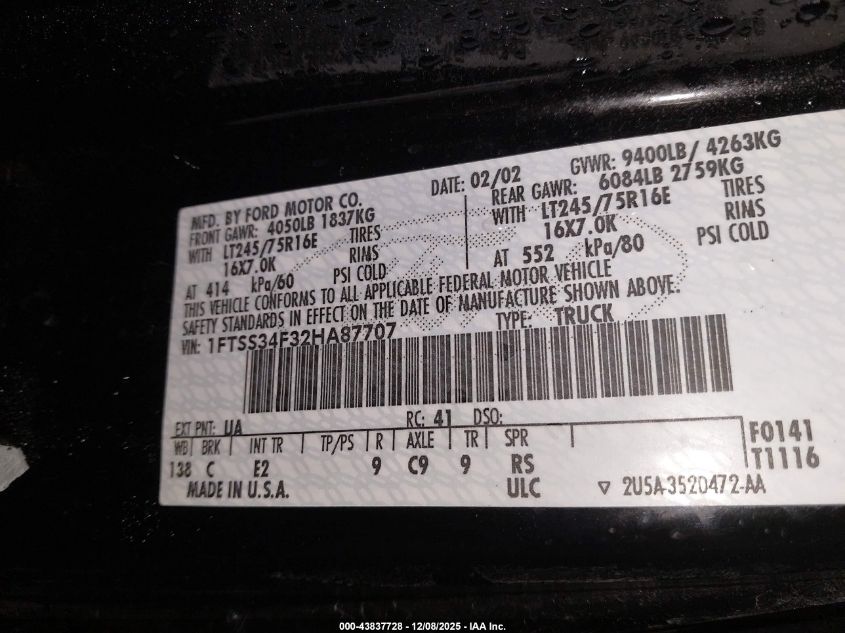 2002 Ford E-350 Super Duty Commercial/Recreational VIN: 1FTSS34F32HA87707 Lot: 43837728