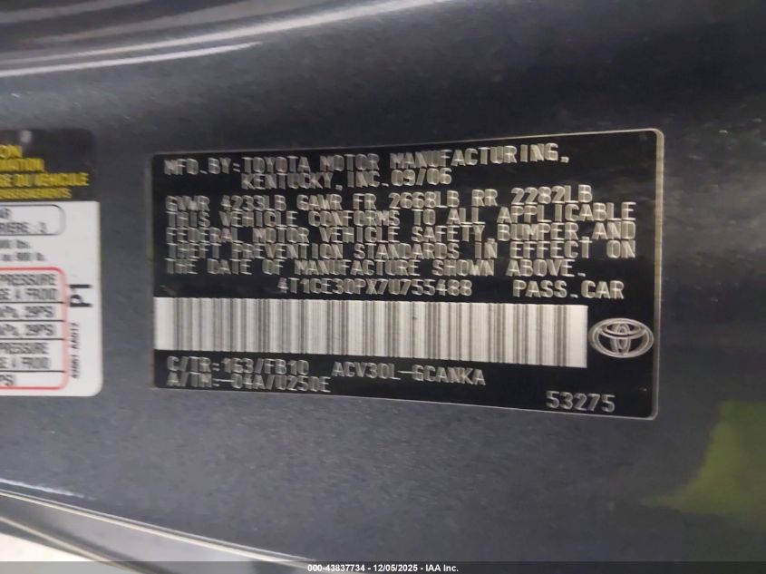 2007 Toyota Camry Solara Se VIN: 4T1CE30PX7U755488 Lot: 43837734