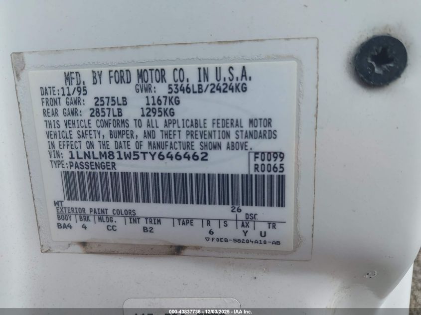 1996 Lincoln Town Car Executive VIN: 1LNLM81W5TY646462 Lot: 43837736